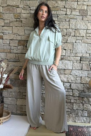 Basso Button Drape Cap Sleeve Shirt Soft Sage